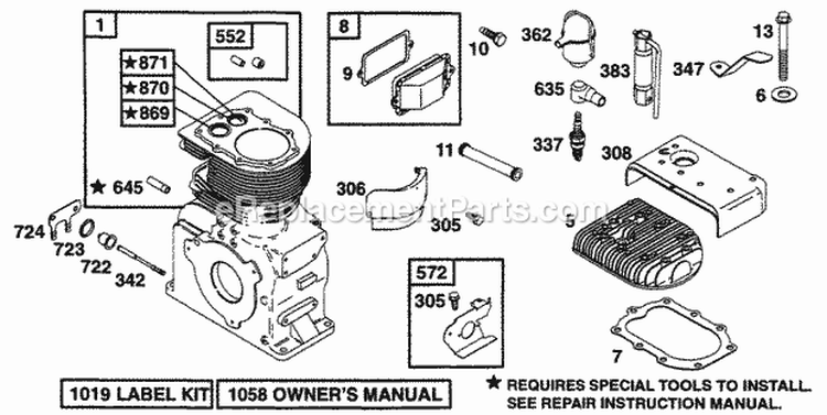 Cylinder Head Diagram and Parts List for 233461-2540-01  Briggs and Stratton Engine